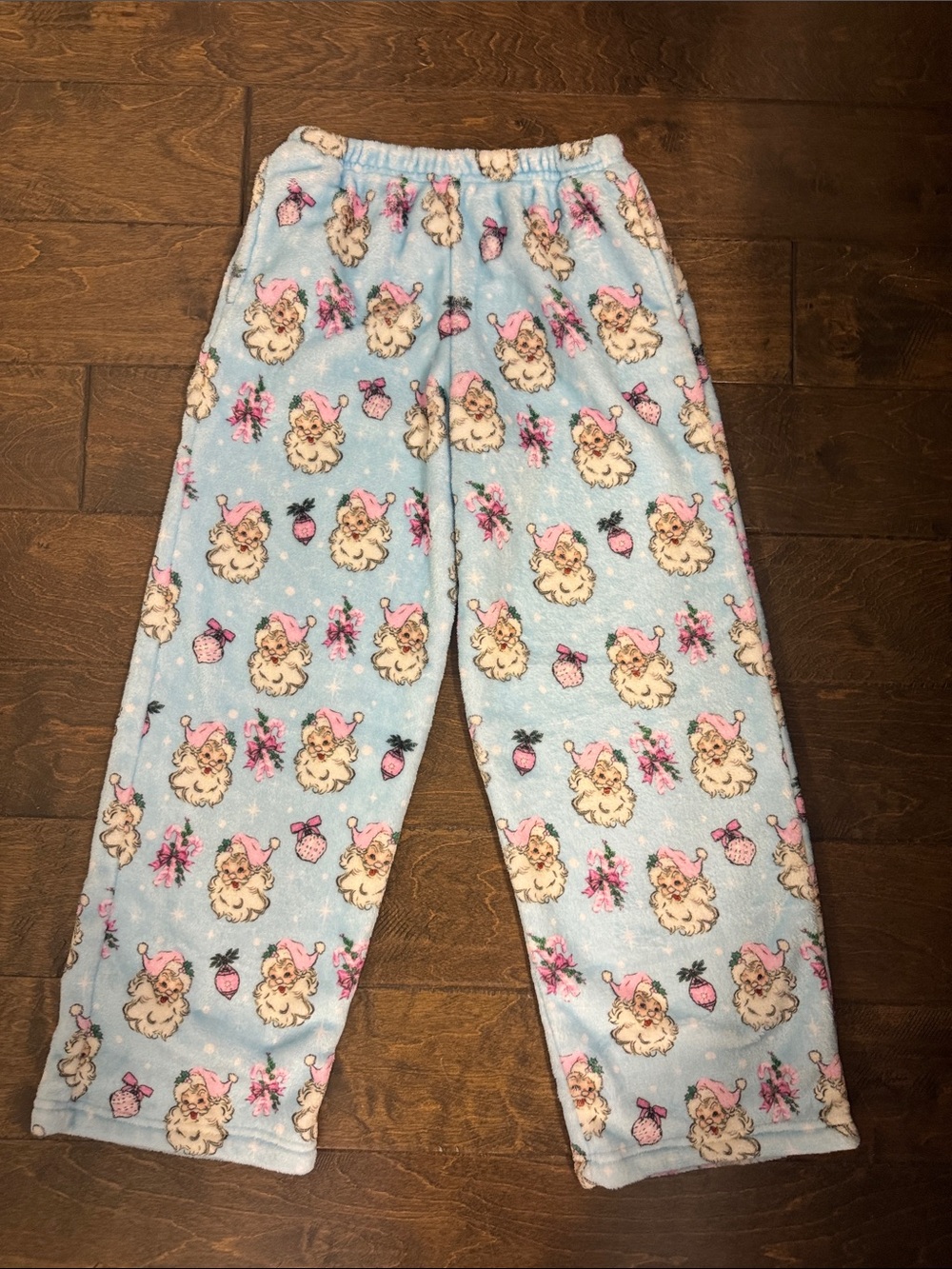 Icecream Light Blue Plush Pajama Pants with Pink Puppy Motif